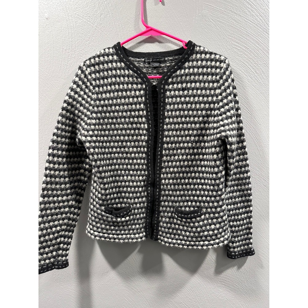 Sarah Spencer Womens Lambswool Cardigan Sweater Black White Geometric Knit Large